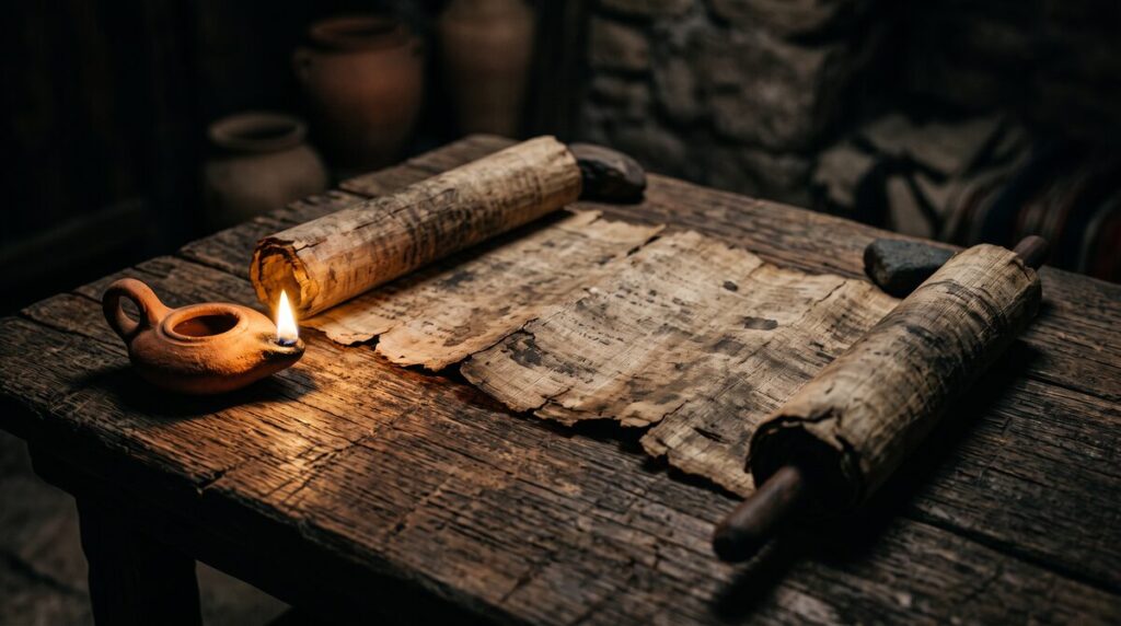 A partly unrolled papyrus letter on a wooden table beside a clay oil lamp.