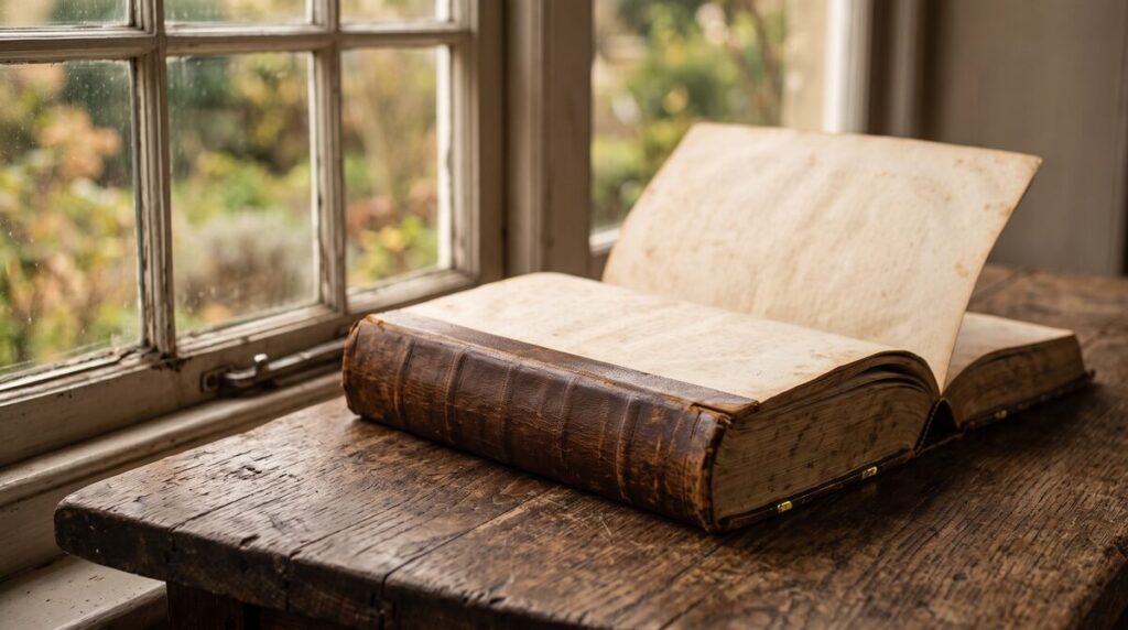 An open antique book resting on a wooden table in soft window light.