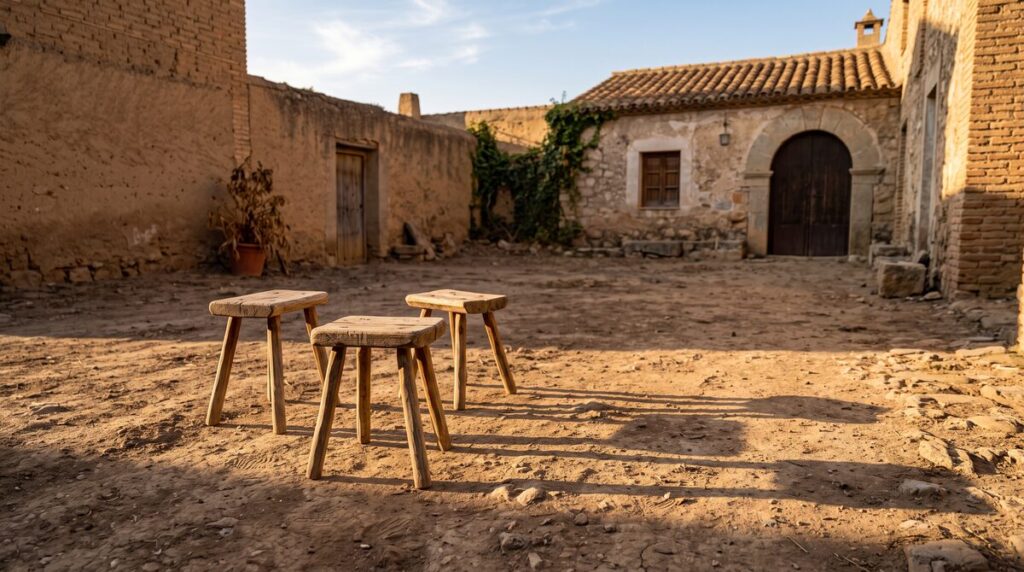 Three empty low stools on bare ground in an open courtyard, with long afternoon shadows.