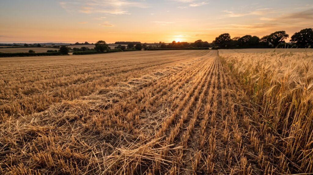 A harvested barley field at golden hour with fallen stalks along the uncut edge.