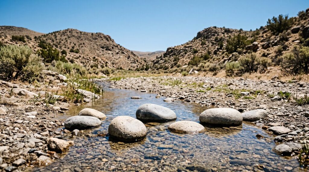 Five smooth stones in a shallow stream bed, in a dry stony valley between two hills.