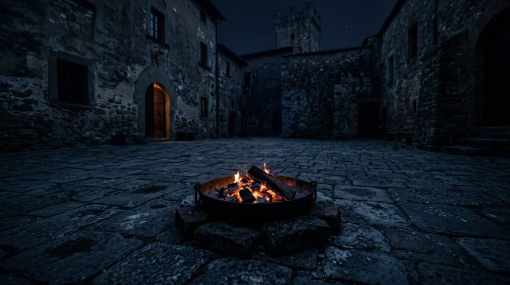 A small charcoal fire burning in an empty stone courtyard at night.