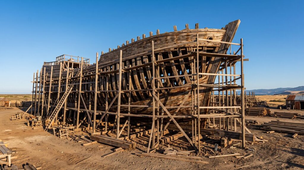 A huge unfinished wooden hull on dry ground under a clear cloudless sky.