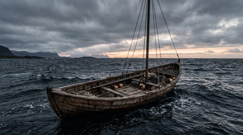 An empty wooden boat on dark choppy water at dawn, with heavy cloud breaking on the horizon.
